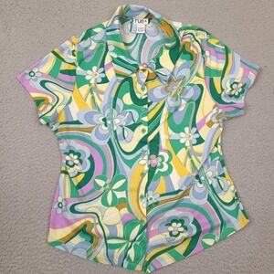 Rue + Girls Youth Top Button Up Size 1X Colorful Stretch Collared Floral Artsy